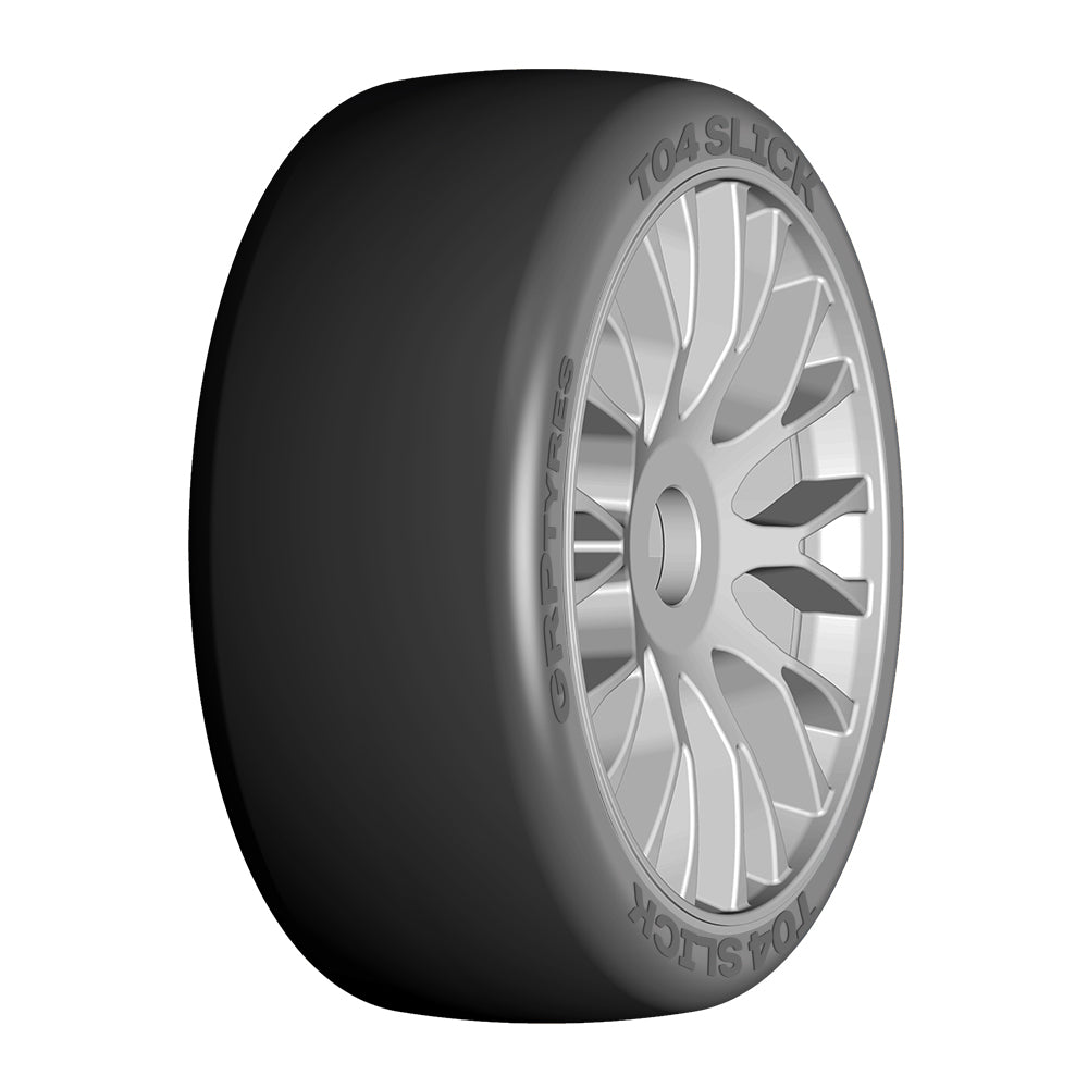 1:8 GT - T04 SLICK - XB2 ExtraSoft - Mounted on New 20 Spoked FLEX Silver Wheel - 1 Pair