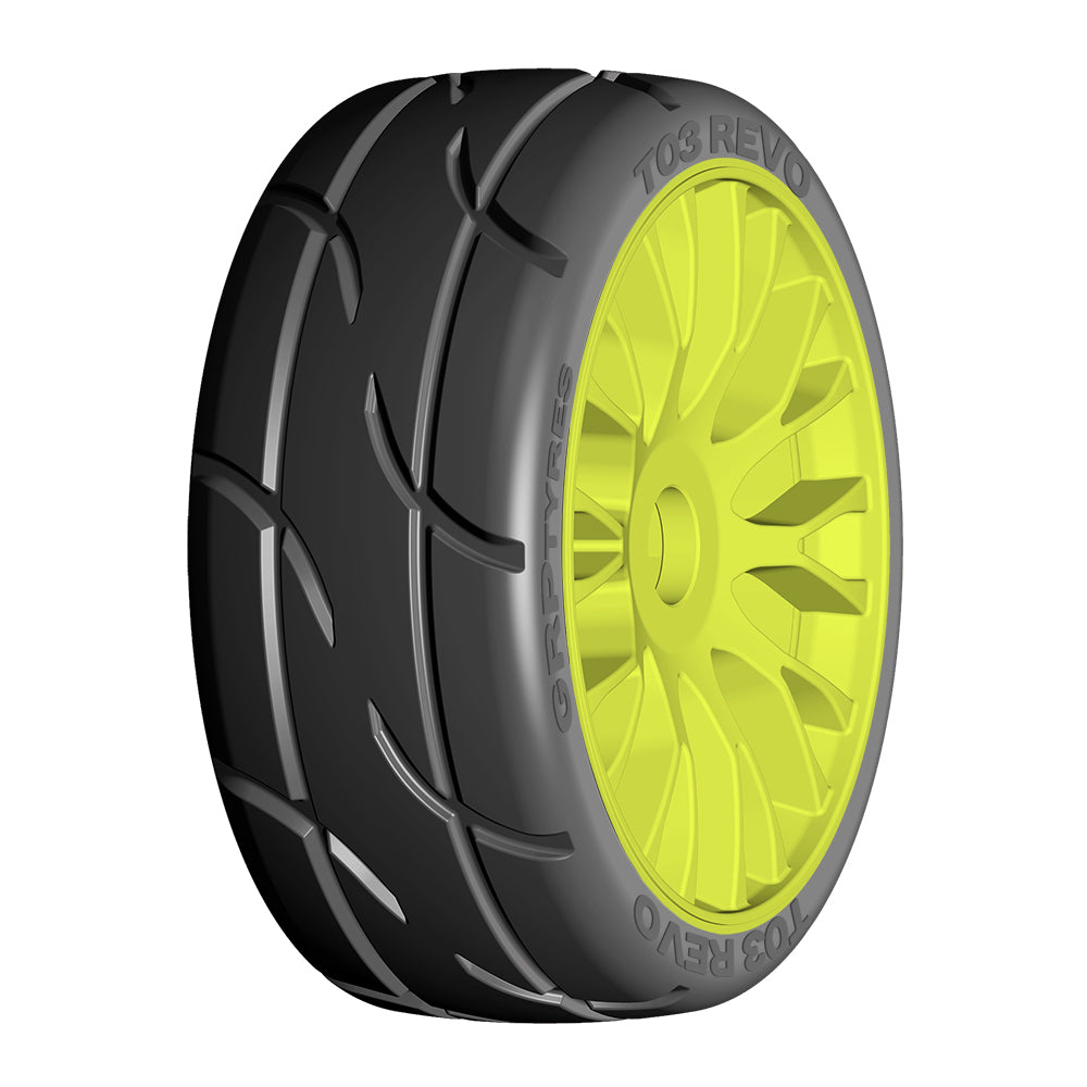 1:8 GT - T03 REVO - XB1 UltraSoft - Mounted on New 20 Spoked FLEX Yellow Wheel - 1 Pair