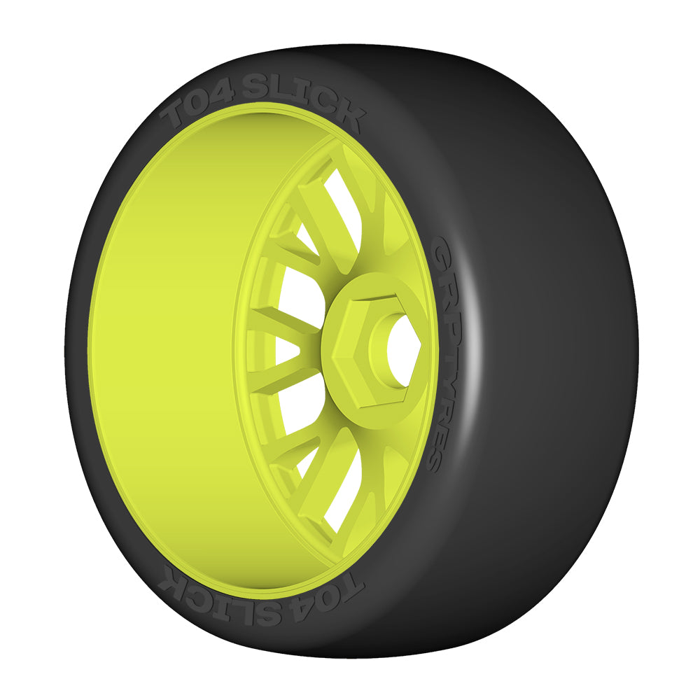 1:8 GT - T04 SLICK - XB1 UltraSoft - Mounted on New 20 Spoked FLEX Yellow Wheel - 1 Pair